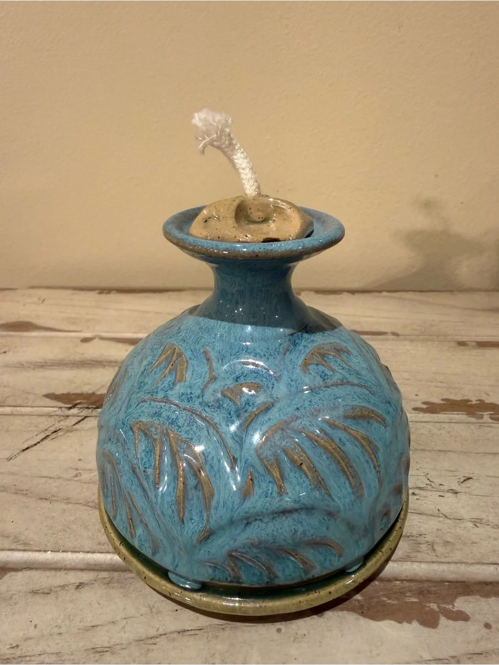 Artisan Studio Pottery Ceramic Oil Lamp Blue Palm Leaf Carved Signed PS.119